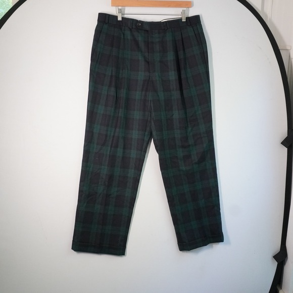 VTG Polo University Ralph Lauren Plaid Wool Pants Pleated Front Green 36x29‎ - Picture 1 of 6
